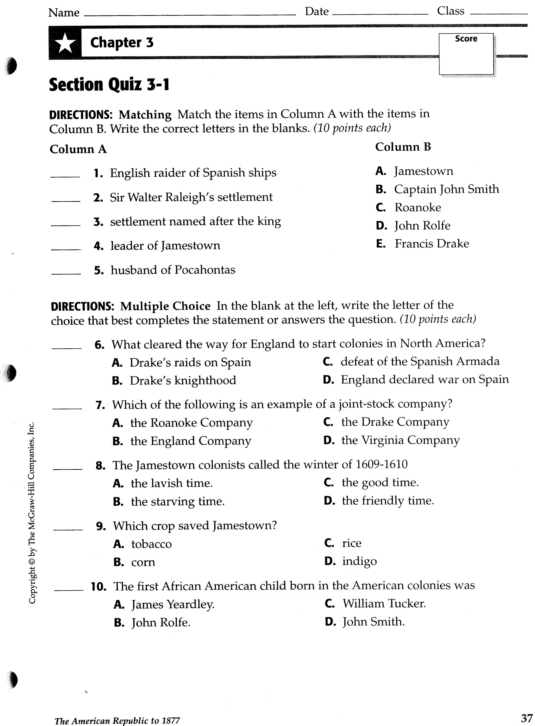 Free Printable Worksheets For Grade 7 History Quiz